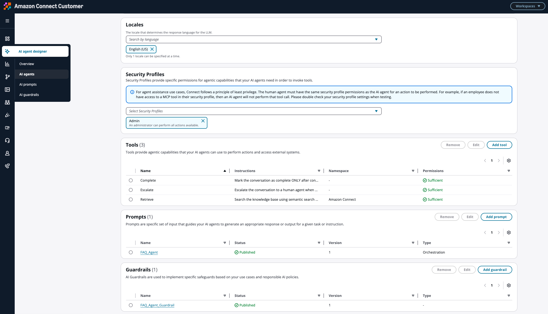 Screenshot of the AI Agent configuration page with prompt and guardrail attachments.